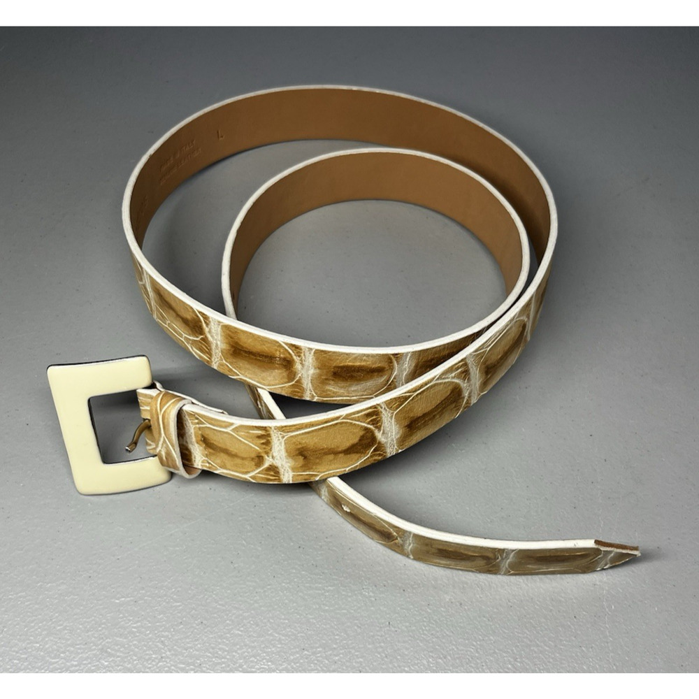 Albatros Leather Belt Womens L Beige Alligator Print Ivory Enamel Buckle Italy